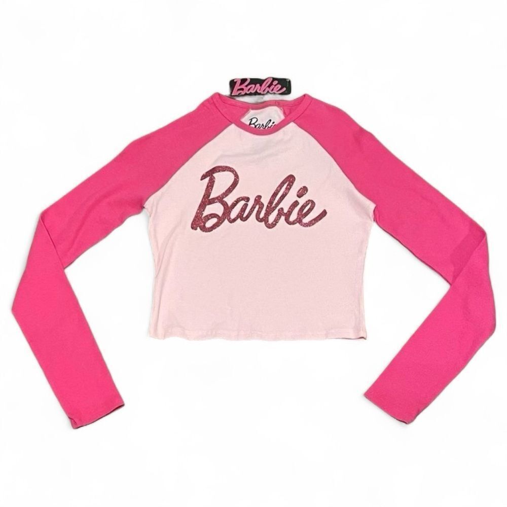 NWT Glitter Barbie Long Sleeve Cropped Shirt Pink Size Large